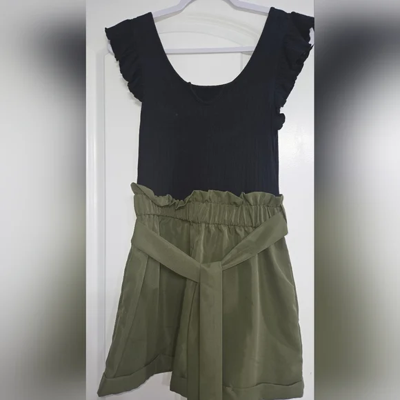 Black Top with Olive Green Short Set - Picture 1 of 7